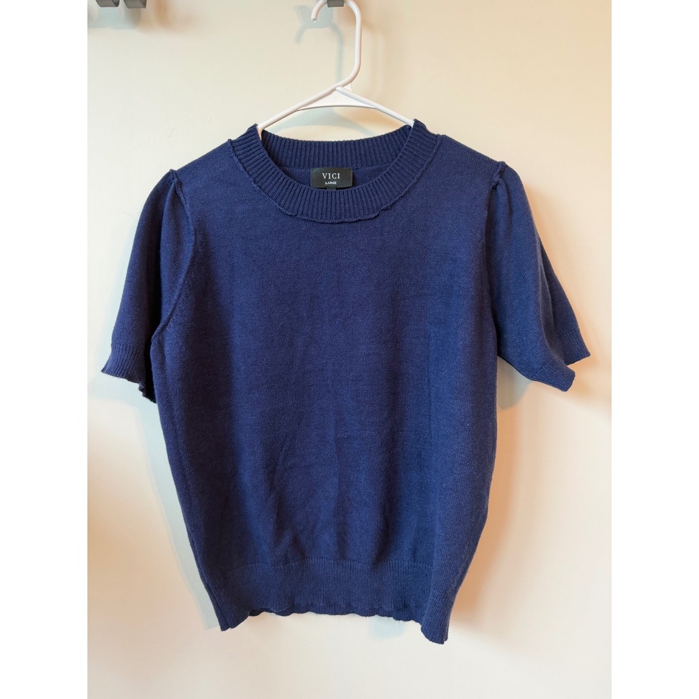 VICI Navy Blue Short Sleeve Knit Sweater Puff Shoulder Crew Neck Large